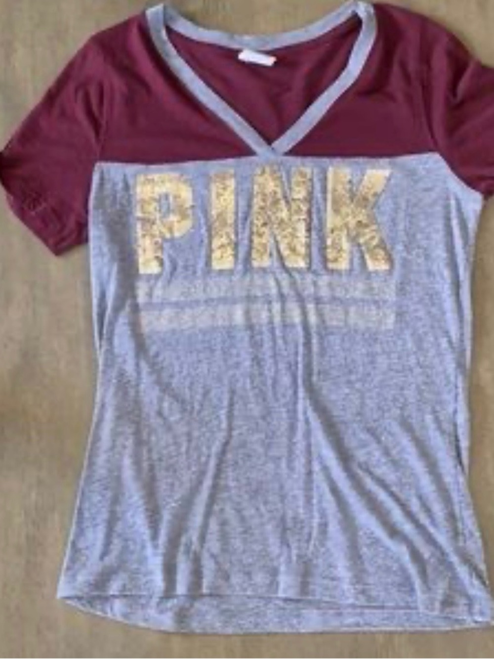 PINK Victoria's Secret Maroon and Heather Gray V-Neck Tee with Gold Accent